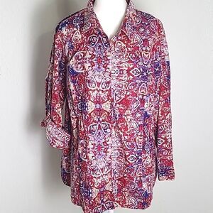Catherines Red, White & Blue Print Lobgsleeve Buttondown Top, Size 1X